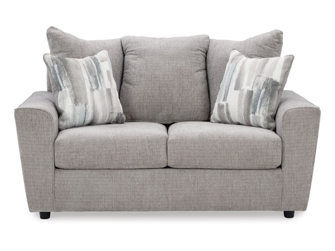 Stairatt Plush Chenille Loveseat with Flared Arms and Pillows in Calgary in a white background 