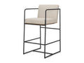 Upholstered counter stool with beige fabric seat and black metal frame on a white background, angled view.