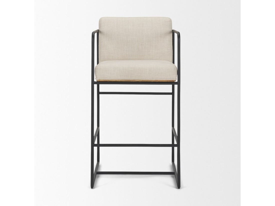 Upholstered counter stool with beige fabric seat and black metal frame on a white background, angled view.