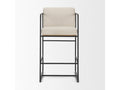 Upholstered counter stool with beige fabric seat and black metal frame on a white background, front view.