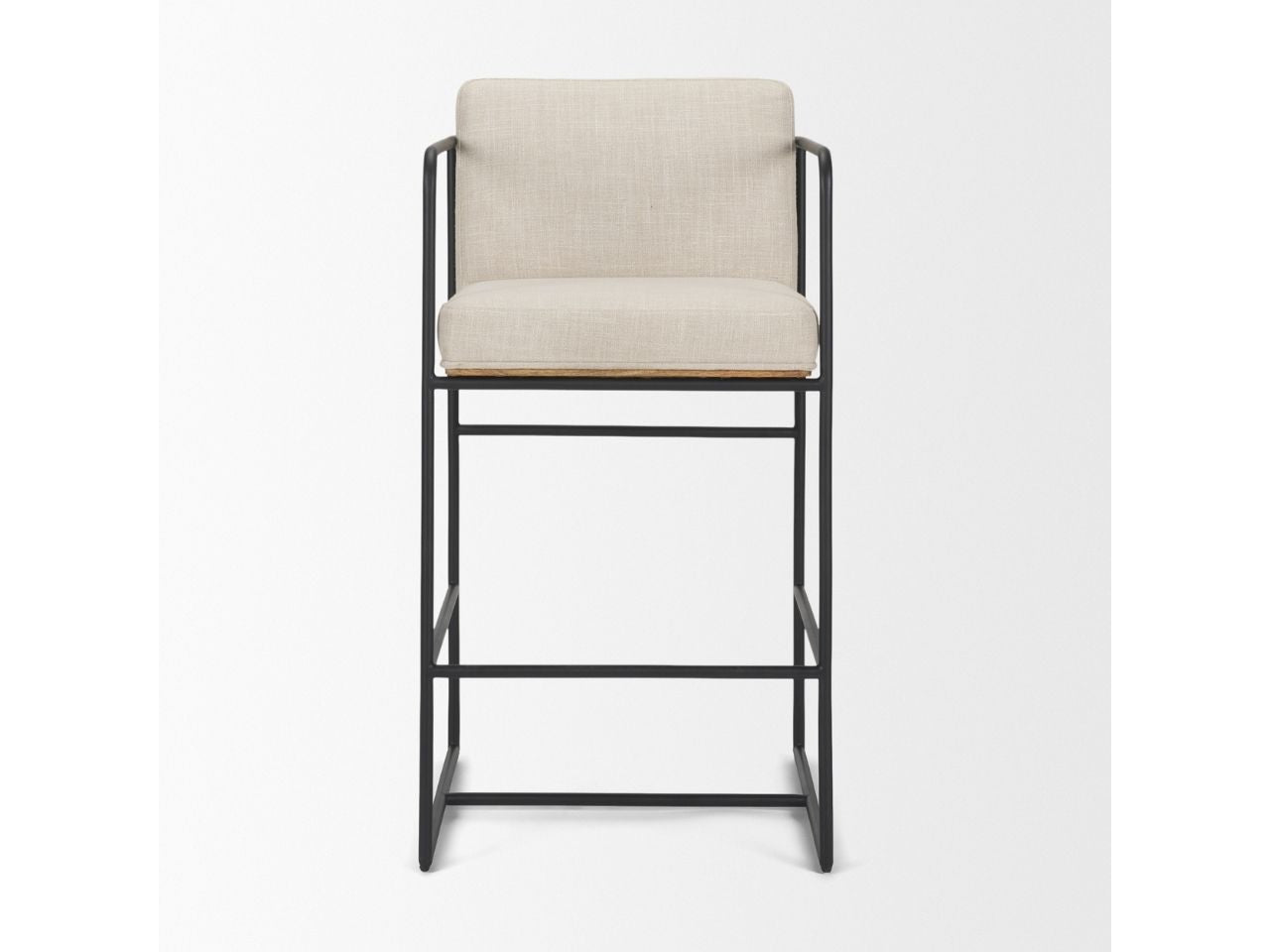 Upholstered counter stool with beige fabric seat and black metal frame on a white background, front view.