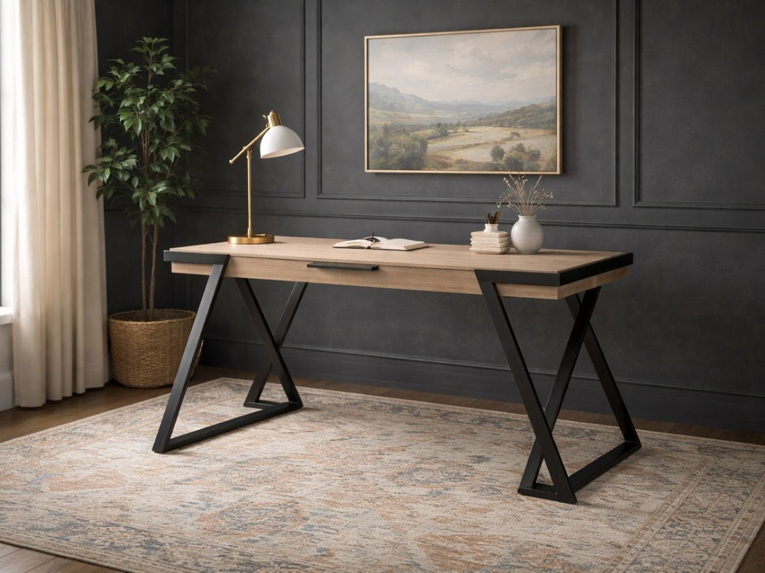 Wood and metal office desk with X-style legs in a modern home office.