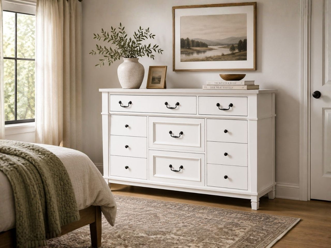 White farmhouse dresser with nine drawers, black hardware, and classic framed detailing.