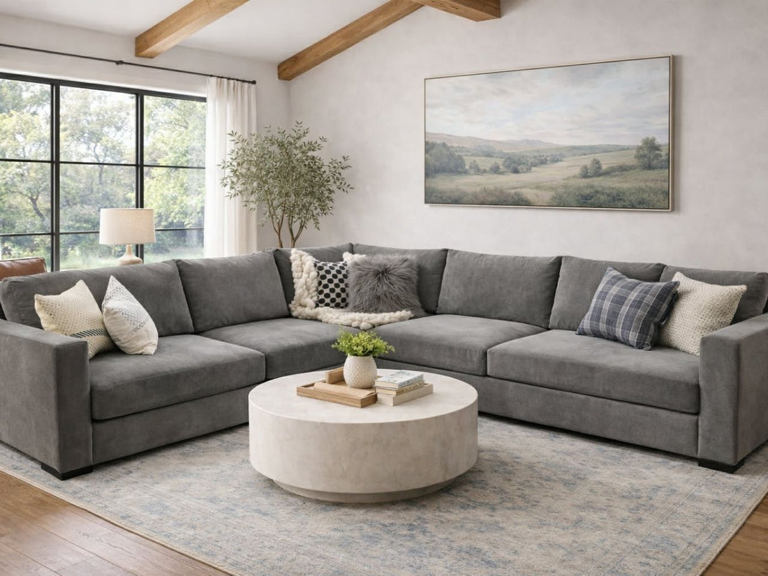 Grey Sunday Costume Sectional with a white round coffee table
