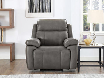 Gray leather power recliner chair styled in a bright living room.