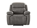 Gray leather power recliner chair on a white background.