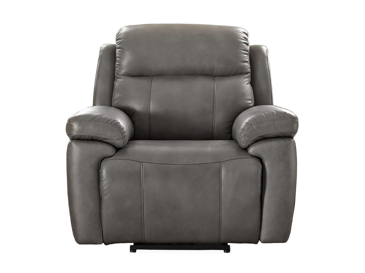 Gray leather power recliner chair on a white background.