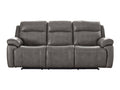 Gray leather reclining sofa with plush cushions in a white background 
