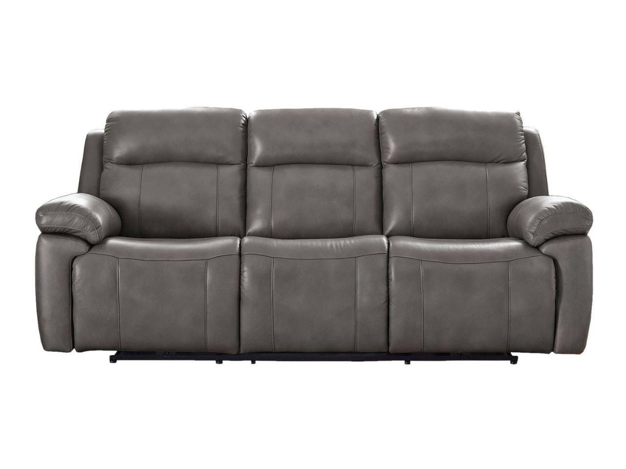 Gray leather reclining sofa with plush cushions in a white background 