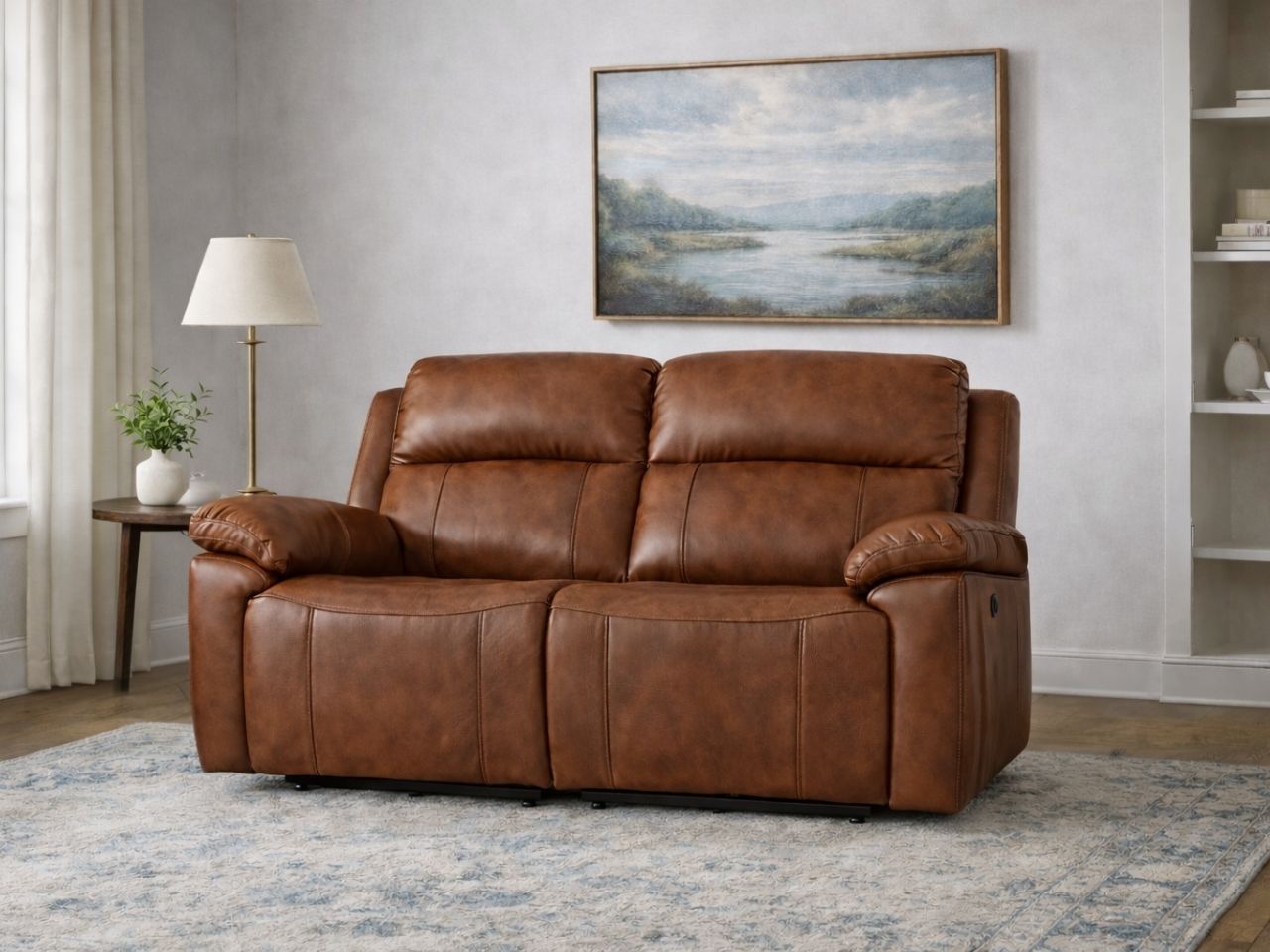 Brown leather reclining loveseat with plush cushions in a living room.