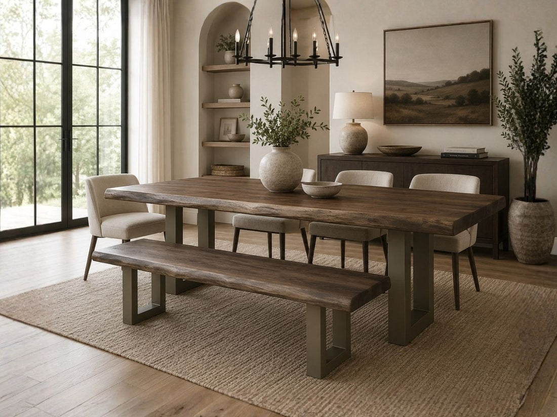 Taj Dining Bench in Calgary in a dining room setting. 