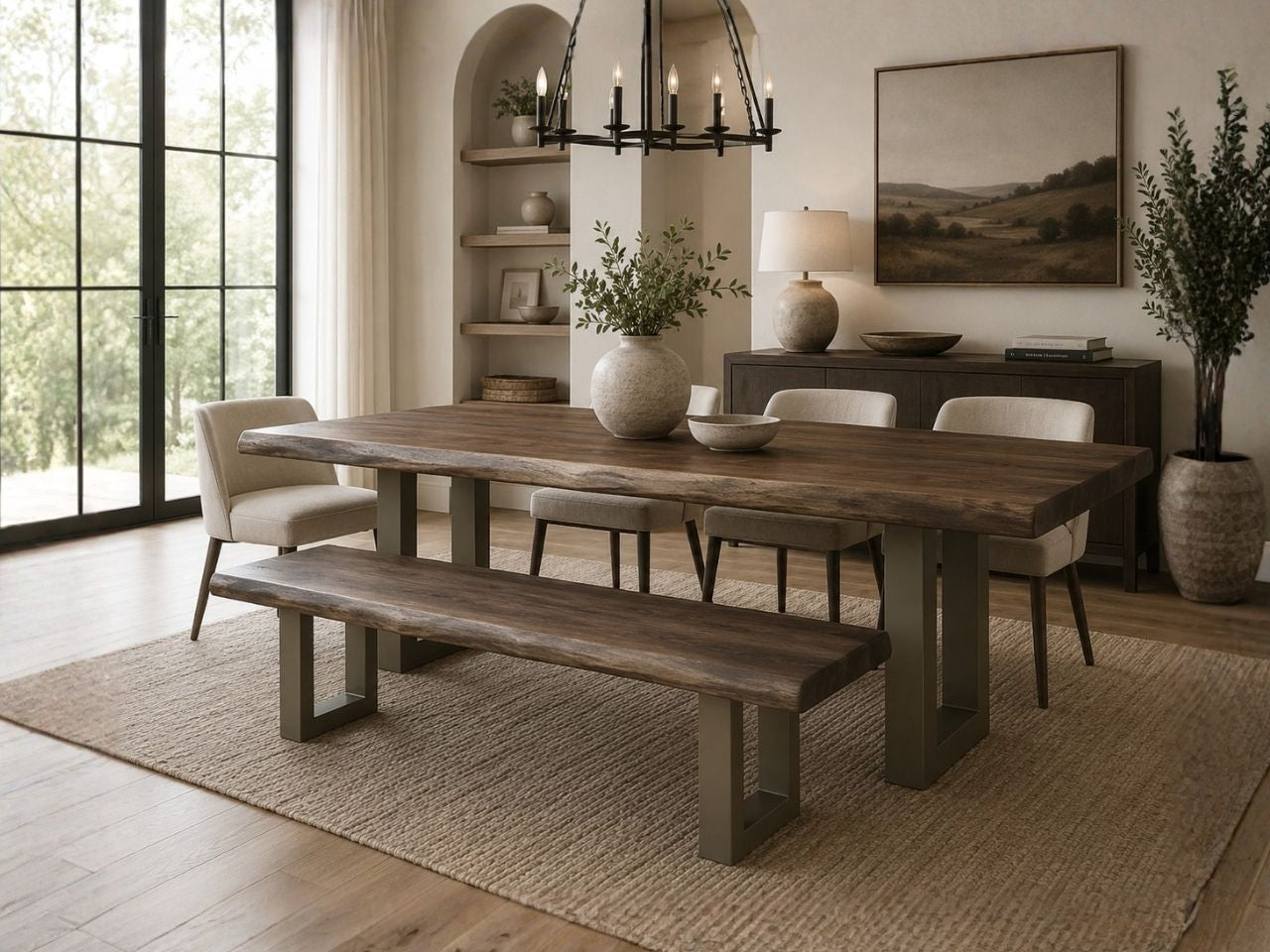 Taj Dining Bench in Calgary in a dining room setting. 
