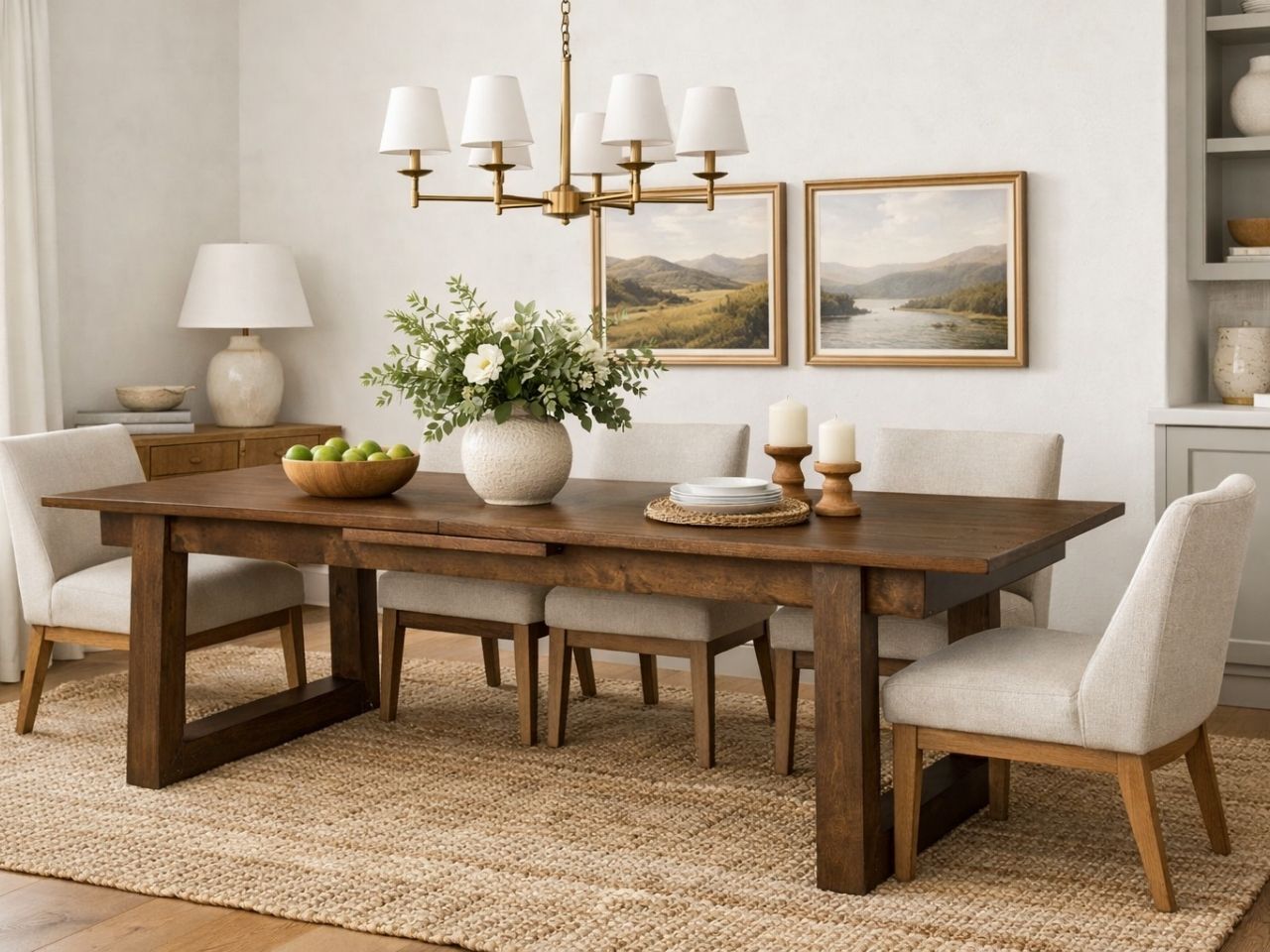 A dark wood dining table with upholstered chairs in a warm, modern dining room.