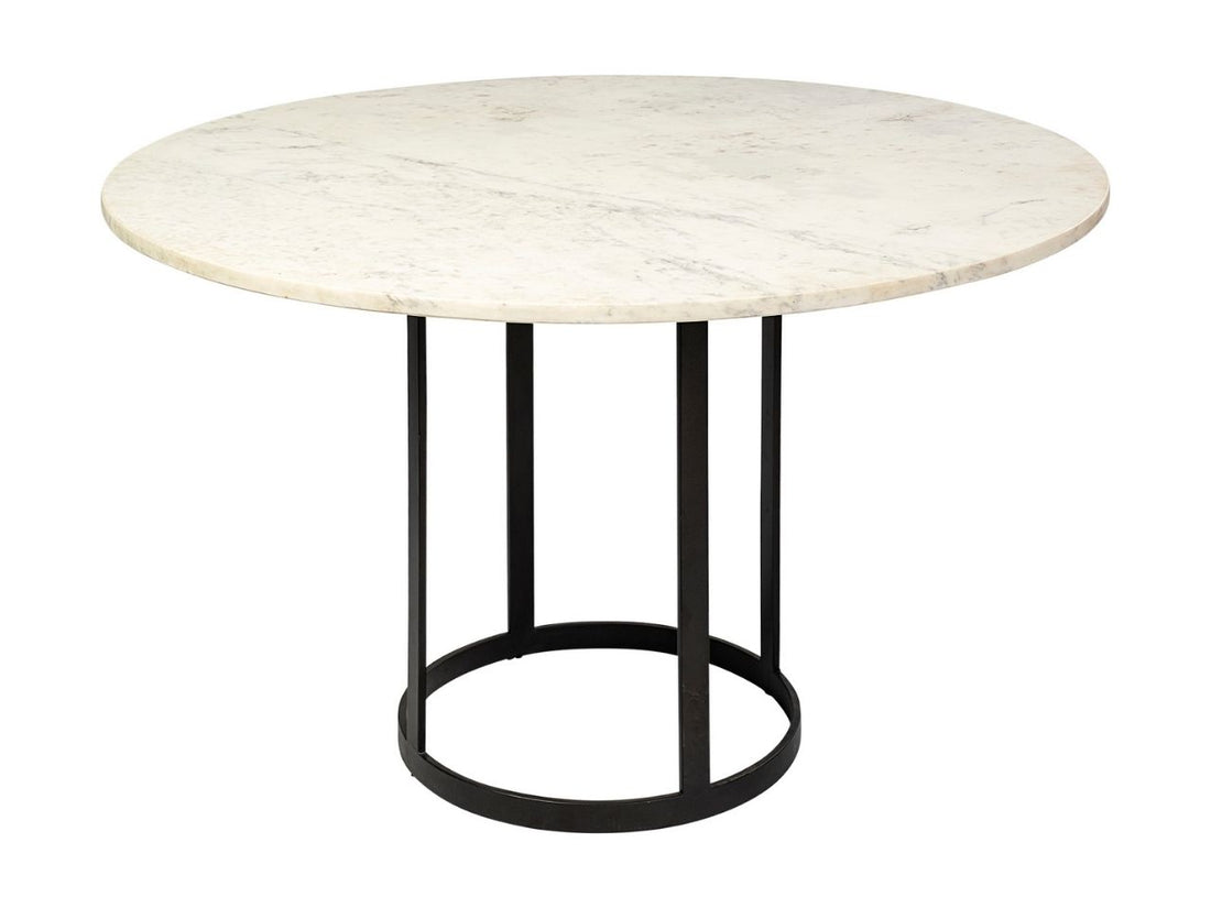 Tanner 48in Round White Marble Top Black Metal Base Table in Calgary in a white background