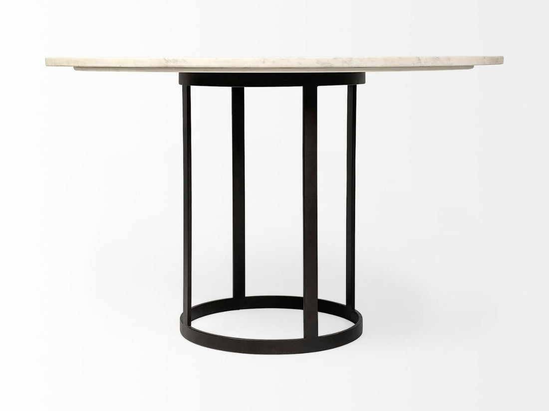 Tanner 48in Round White Marble Top Black Metal Base Table in Calgary in a white background