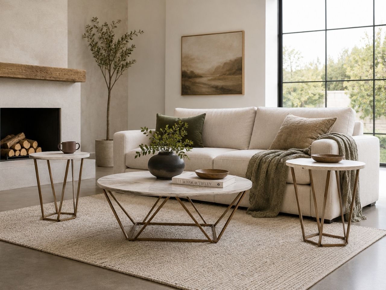 Round marble-top coffee table with two matching end tables and gold metal frames styled in a bright contemporary living room.