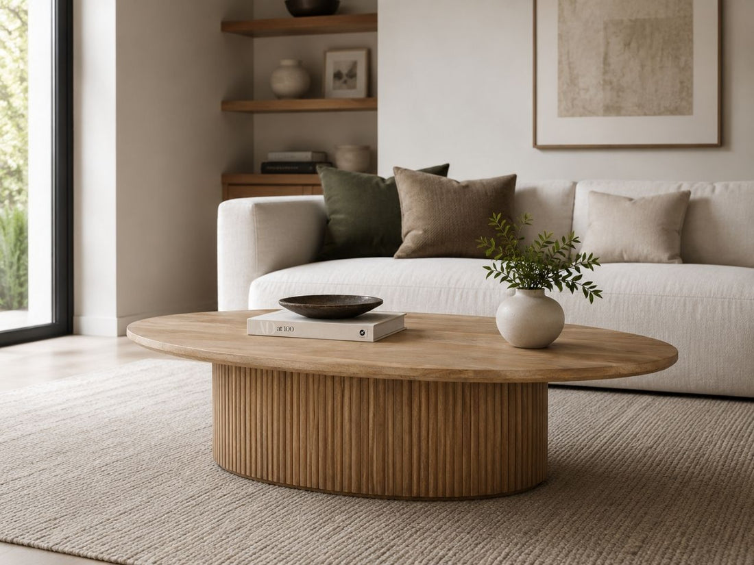 Oval coffee table with a fluted wood base, styled in a bright and modern living room.