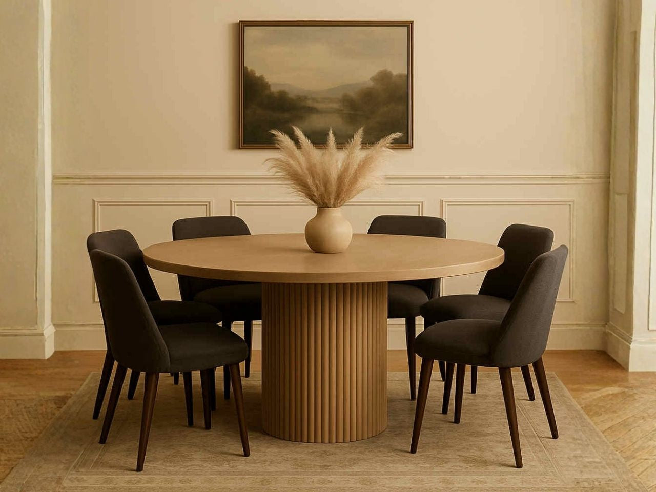 Terra Light Brown Wood Round Dining Table with dark chairs in Calgary