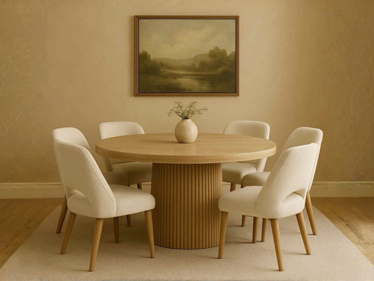 Terra Light Brown Wood Round Dining Table with white chairs in Calgary