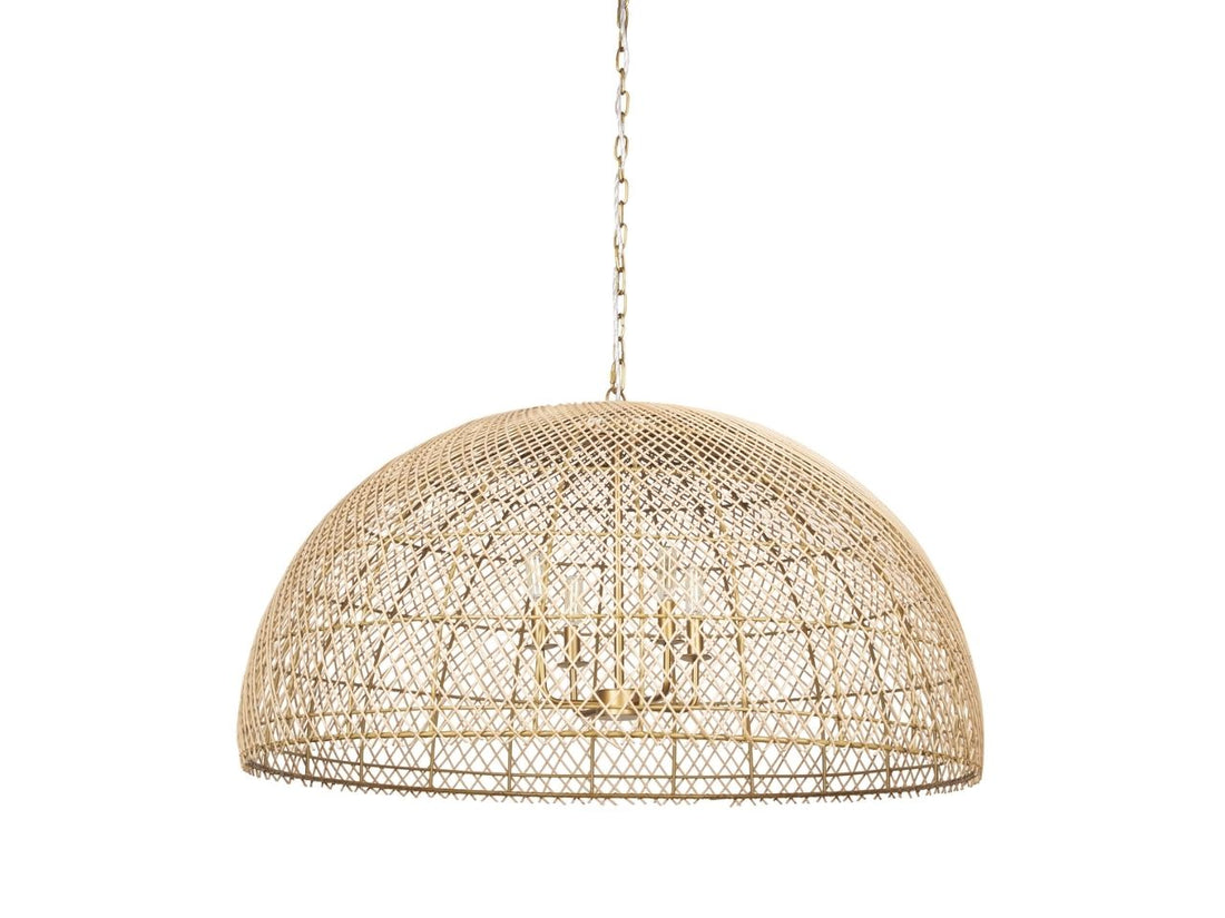 Woven rattan dome pendant light on a white background.