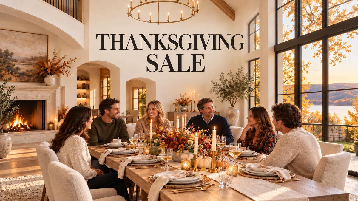 A family of six sits around a dining table set for a Thanksgiving meal in a beautifully lit, high-ceilinged home. Large text reading 'THANKSGIVING SALE' is overlaid in the center.