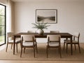 Dark wood dining table with six upholstered chairs.
