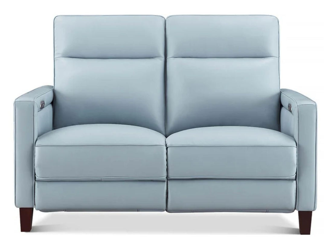 Light blue two-seat sofa with clean lines, tall cushioned backrests, square arms, and tapered wooden legs on a white background.