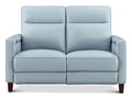 Light blue two-seat sofa with clean lines, tall cushioned backrests, square arms, and tapered wooden legs on a white background.