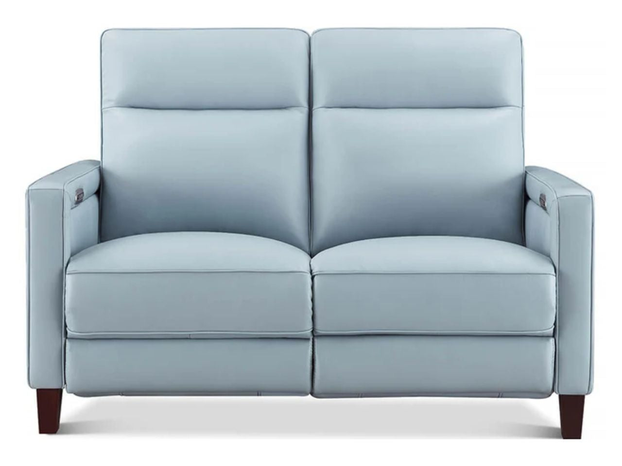 Light blue two-seat sofa with clean lines, tall cushioned backrests, square arms, and tapered wooden legs on a white background.