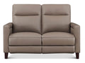 Taupe two-seat sofa featuring plush seat cushions, supportive high backs, squared armrests, and dark wood legs against a white background.
