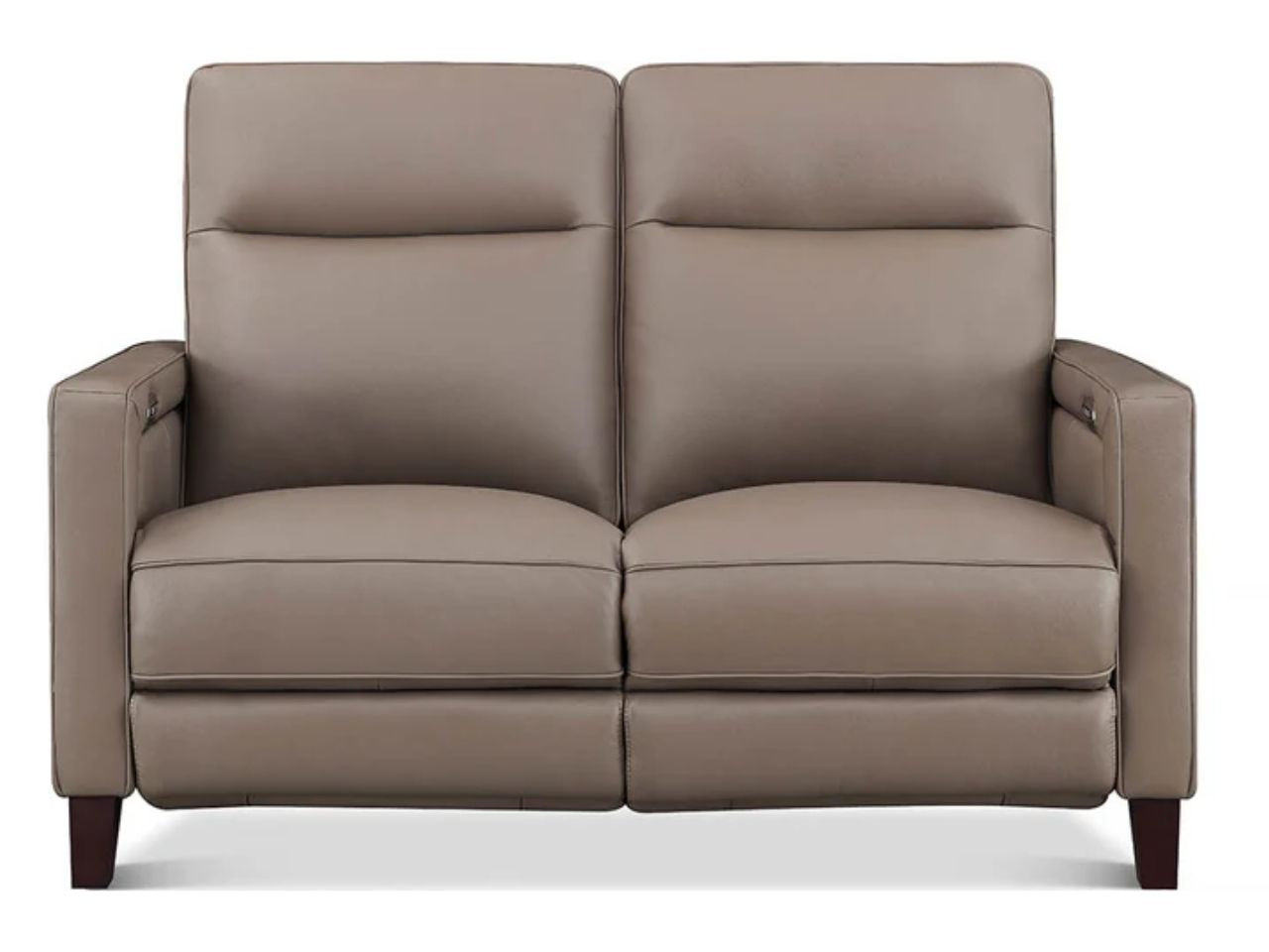 Taupe two-seat sofa featuring plush seat cushions, supportive high backs, squared armrests, and dark wood legs against a white background.