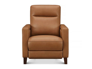 Warm brown leather accent chair featuring a high supportive back, structured square armrests, smooth seat cushion, and dark wooden legs against a white background.
