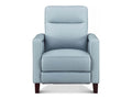 Light blue upholstered accent chair with a tall cushioned back, wide square arms, plush seat cushion, and tapered wooden legs on a white background.