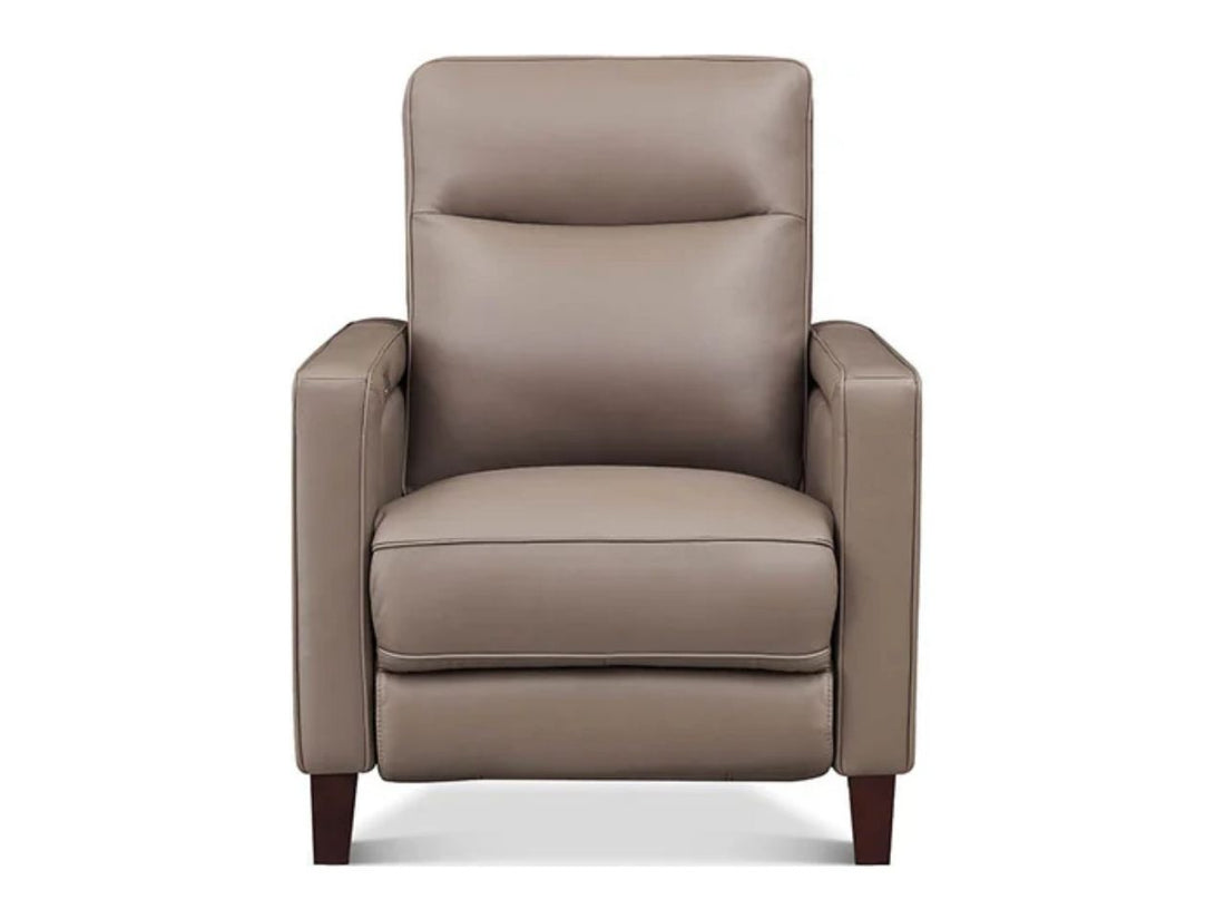 Warm brown leather accent chair featuring a high supportive back, structured square armrests, smooth seat cushion, and dark wooden legs against a white background.