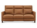 Tan leather sofa featuring three plush seat cushions, supportive high backs, wide armrests with subtle detailing, and dark wooden legs, front view on a white background.