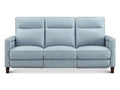 Light blue leather sofa with three-seat configuration, softly contoured back cushions, padded arms, and tapered wood legs, photographed from the front on a white background.