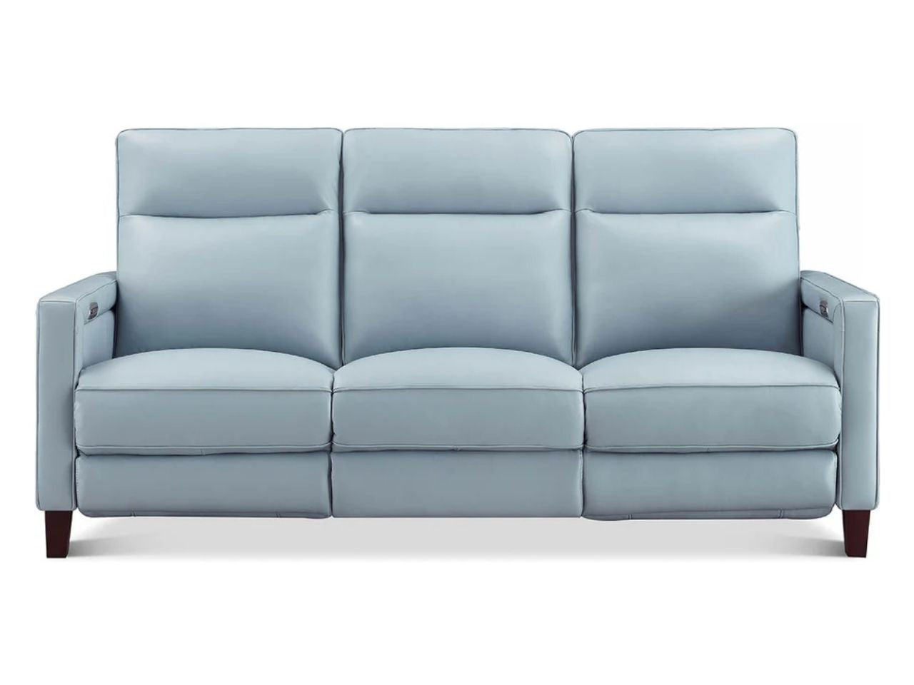 Light blue leather sofa with three-seat configuration, softly contoured back cushions, padded arms, and tapered wood legs, photographed from the front on a white background.