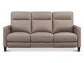 Taupe leather sofa with three cushioned seats, tall segmented backrests, wide padded arms, and tapered wood legs, shown from the front on a white background.