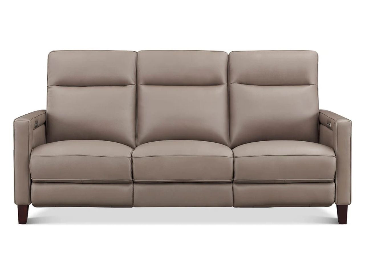 Taupe leather sofa with three cushioned seats, tall segmented backrests, wide padded arms, and tapered wood legs, shown from the front on a white background.