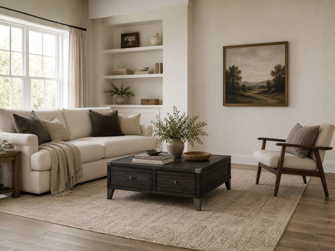 Dark wood coffee table with storage drawers in a cozy living room.
