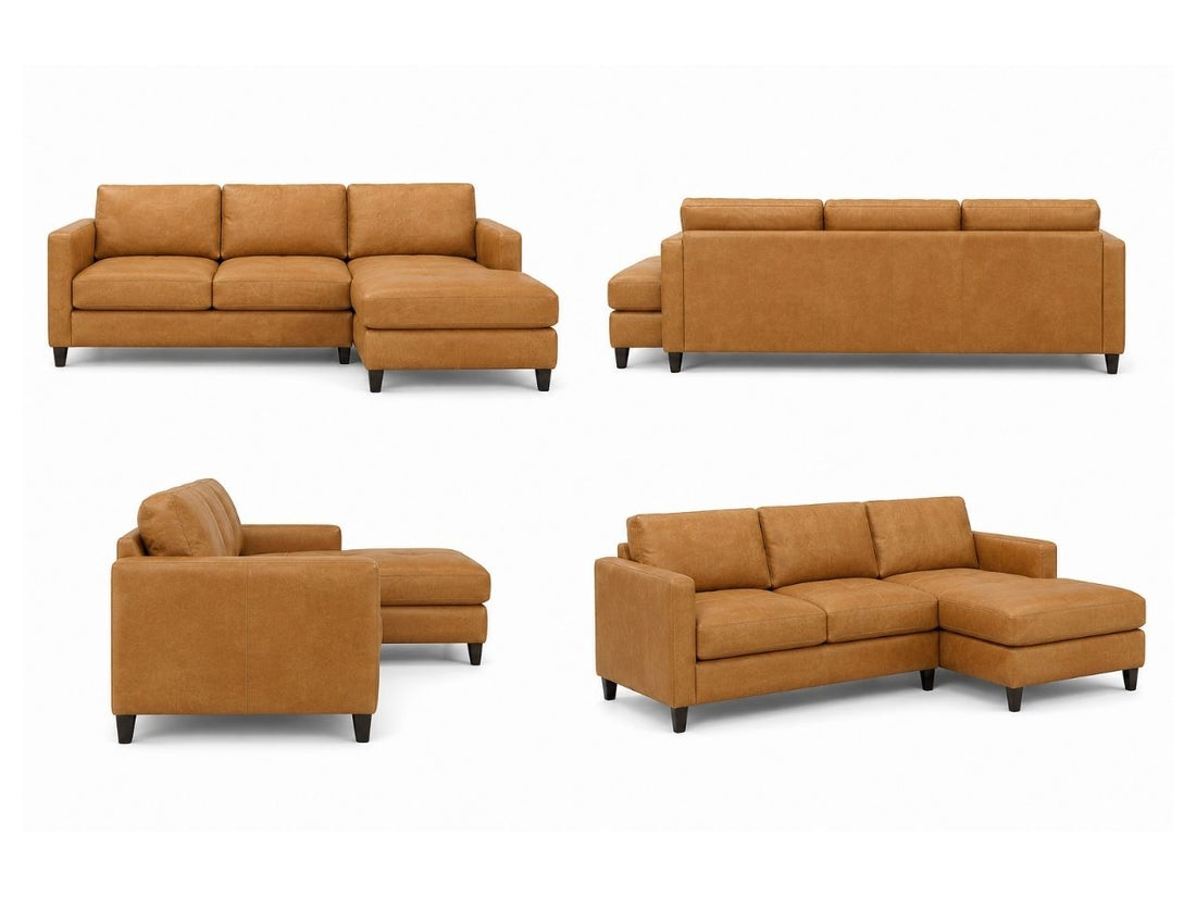 leather sectional sofa styled in a bright, modern open-concept living room with neutral décor.