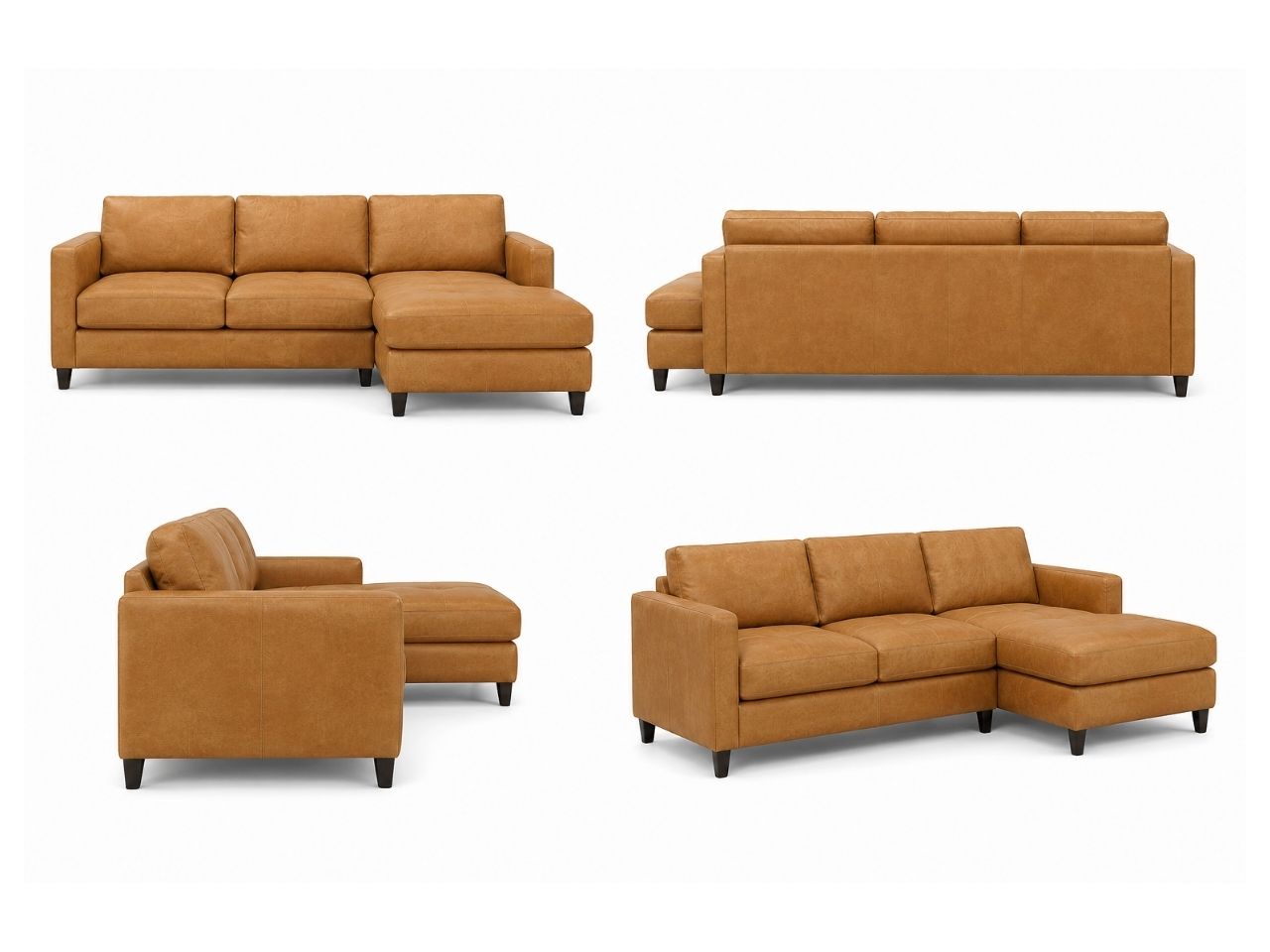 leather sectional shown from front, side, back, and angled views on a white background.