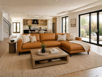 leather sectional sofa styled in a bright, modern open-concept living room with neutral décor.