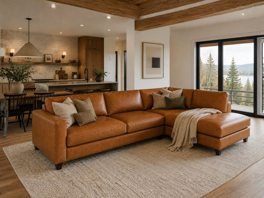 leather sectional sofa styled in a bright, modern open-concept living room with neutral décor.