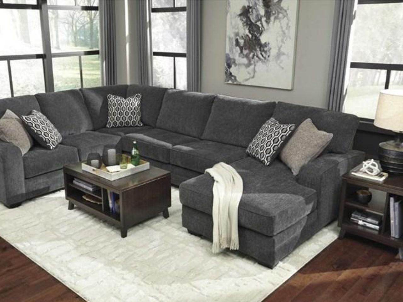  Tracling Slate Fabric 3-Piece Sectional with Corner Chaise Sofa in Calgary
