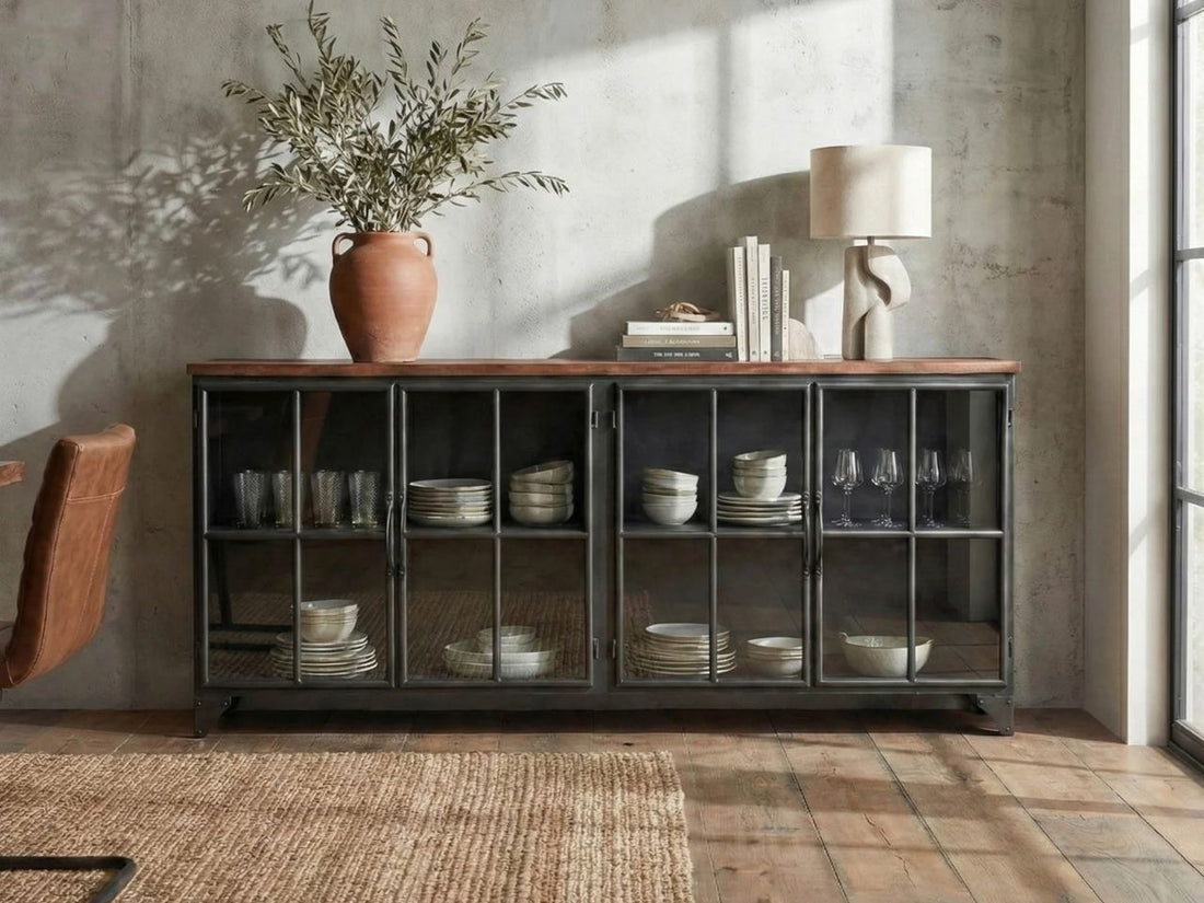 A low, industrial-style sideboard with a dark metal frame and glass-paneled doors sits against a textured concrete wall.