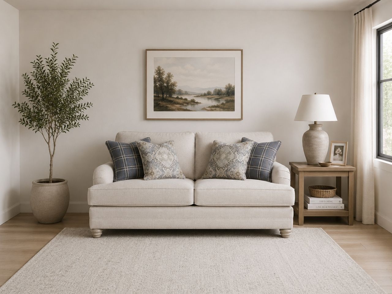 Cream-colored loveseat with patterned blue and gray pillows in a bright, cozy living room.