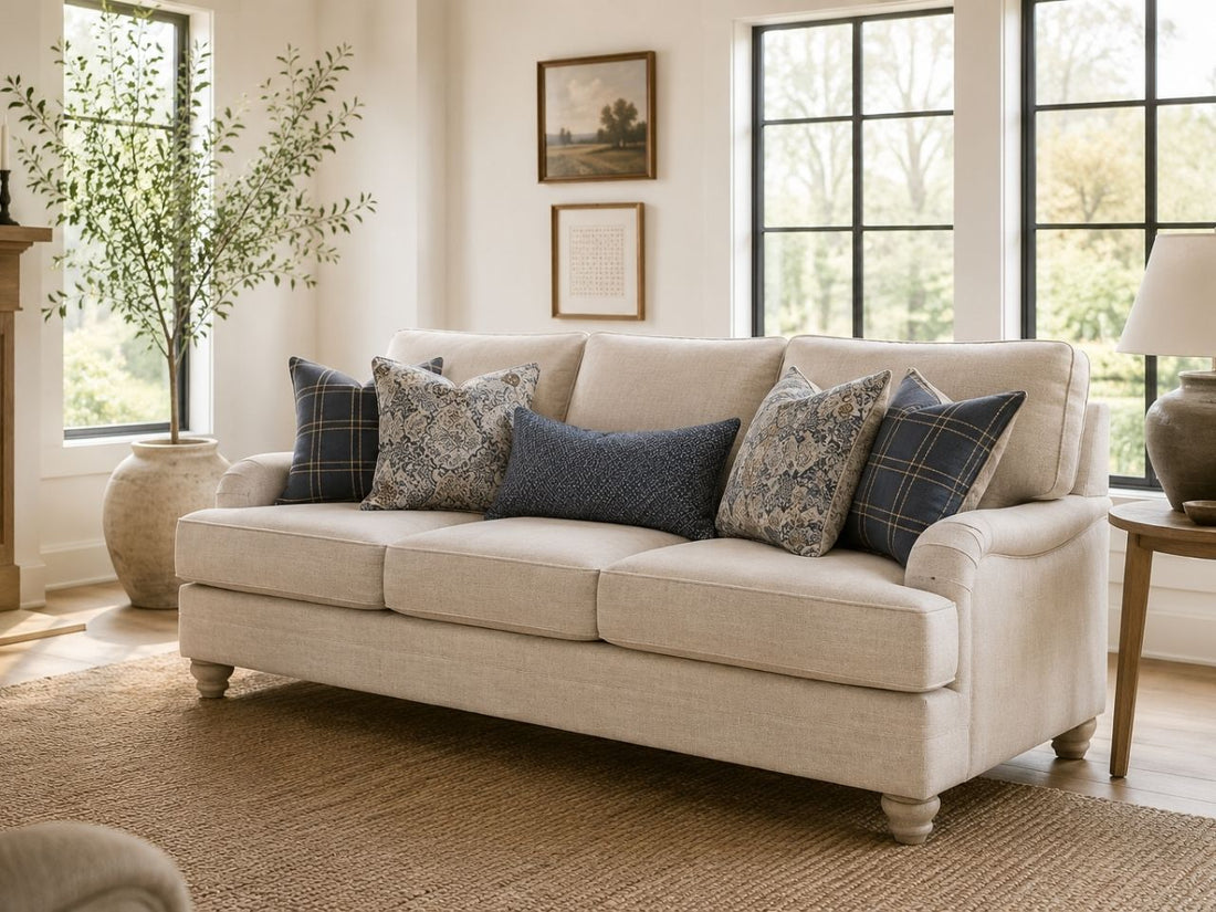 Light fabric sofa with patterned blue accent pillows in a bright, cozy living room.
