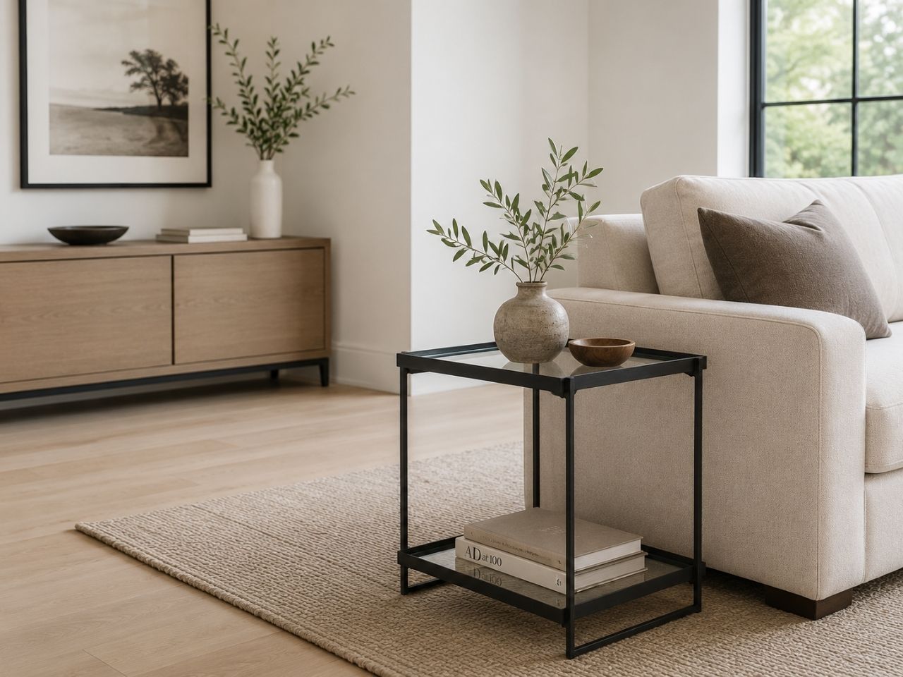 Modern black metal and glass accent table with a lower shelf, styled beside a cream sofa in a bright contemporary living room.