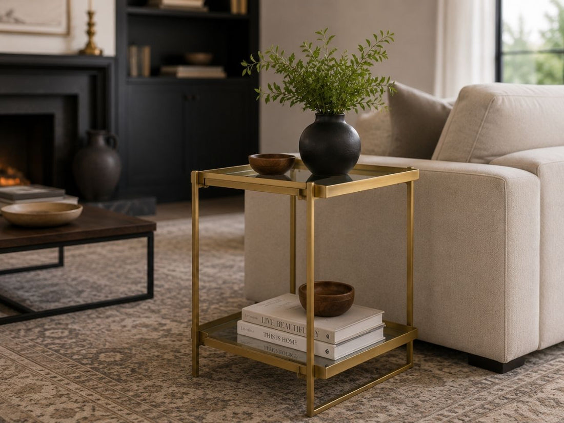 Contemporary gold metal and glass accent table with two shelves, styled beside a cream sofa in an elegant living room.